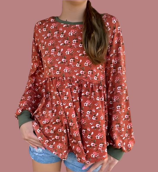 Fall Floral Long Sleeve Bishop Shirt